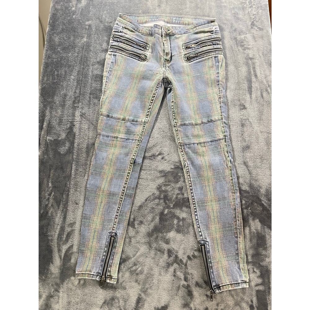 Free People Moto Biker Skinny Jeans Size 28 Light Acid Wash Plaid Zip Ankle